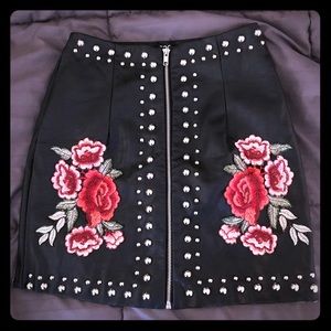 Faux Leather Floral Embroidered Mini Skirt